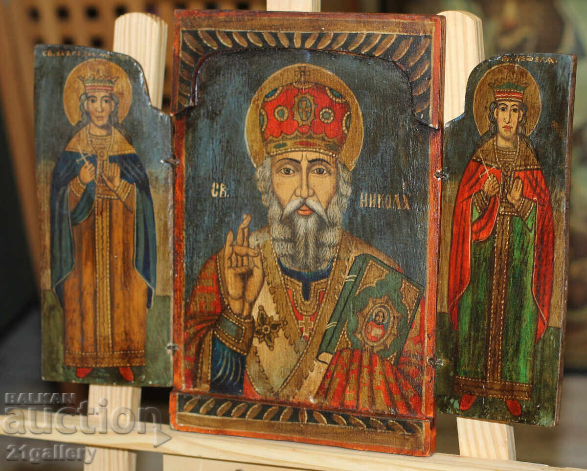 Licitație Triptic cu icoană pictată manual Sfântul Nicolae Făcătorul de Minuni