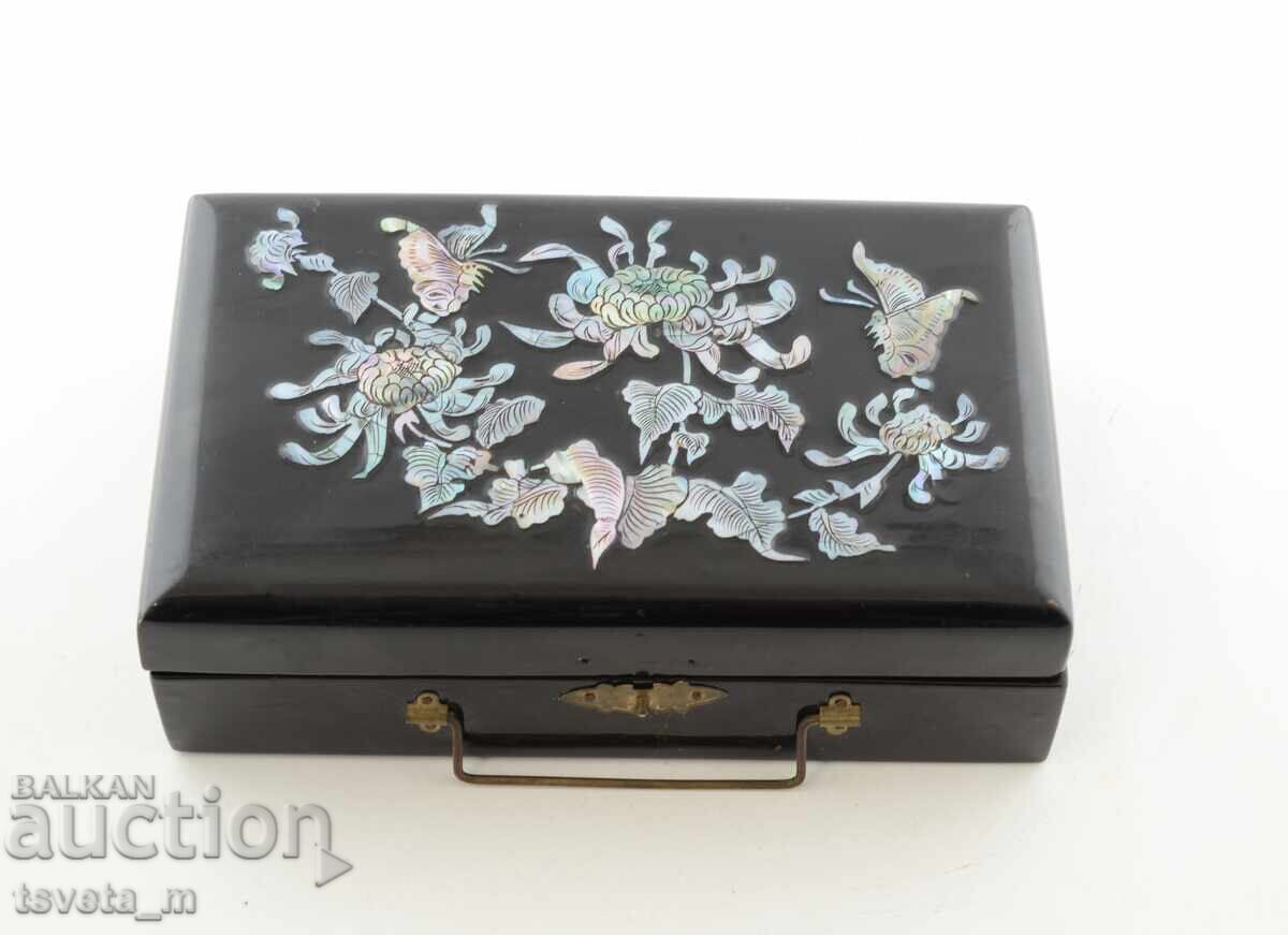 Antique jewelry box, black lacquer and mother-of-pearl inlay