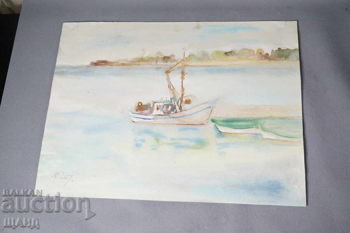 Стара Майсторска рисунка акварел морски пейзаж кораб