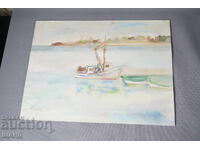 Παλιά Μαεστρική ζωγραφιά ακουαρέλα θαλασσινό τοπίο πλοίο