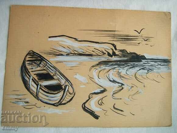 Small watercolor painting, postcard - boat, sea