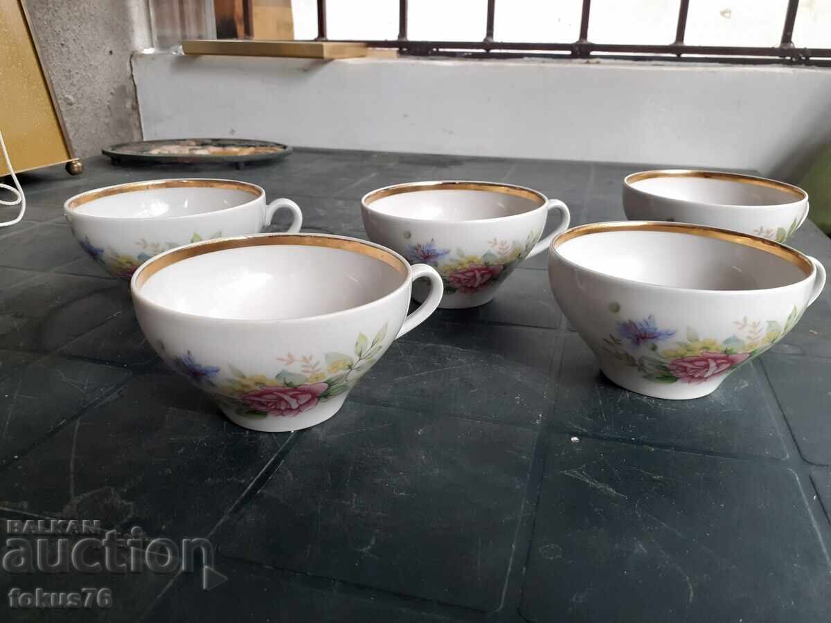 Dulevo - Soviet porcelain 5 cups gold rim and rose Dulevo - Soviet porcelain 5 cups gold rim and rose