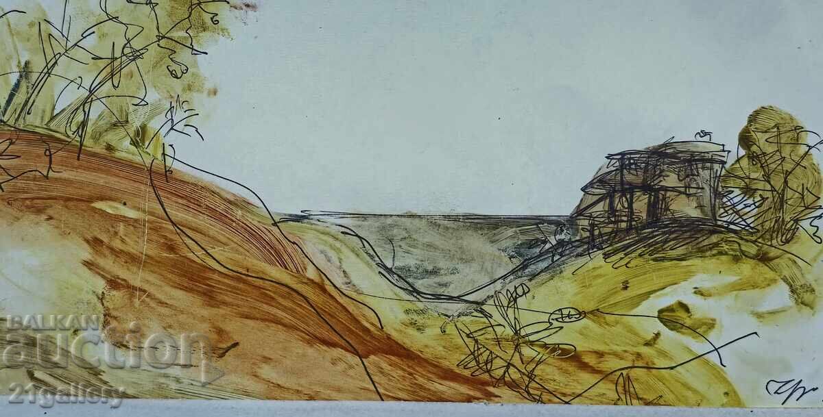 Prof. Petar Chuhovski (1922-1995) ink/watercolor landscape 1992 - 6