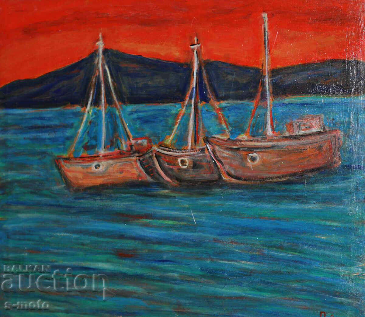Oil painting landscape with boats with price 350.00 BGN | € 178.95