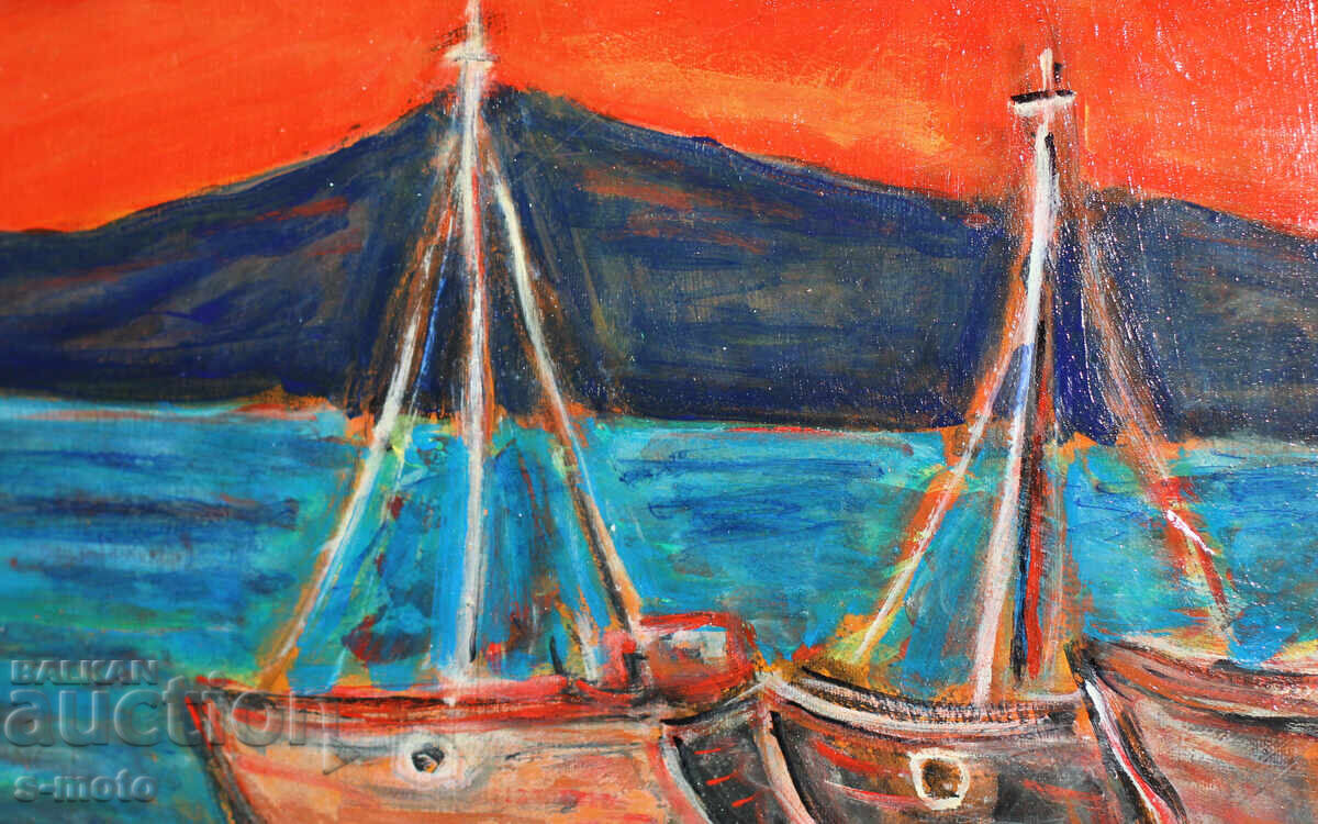 Auction  Oil painting landscape with boats