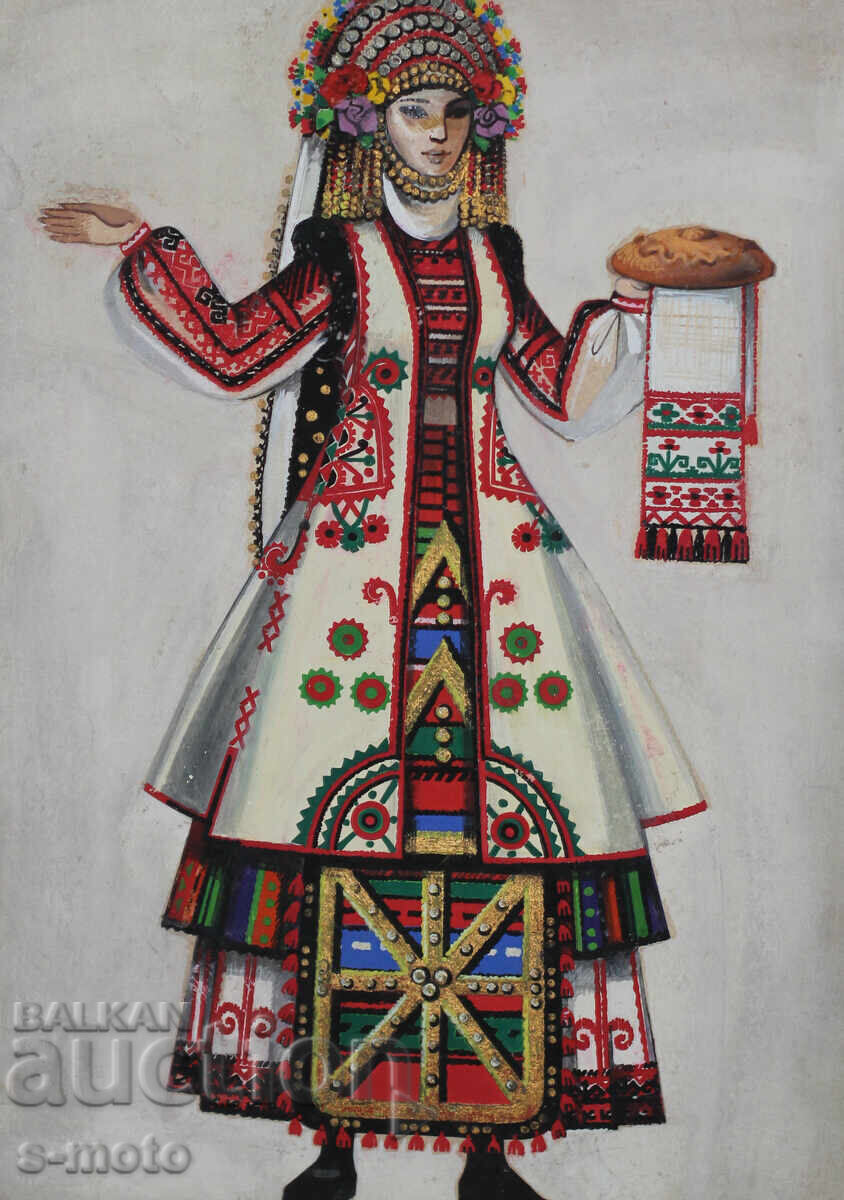 Παλιό έργο γκουάς, γυναίκα με παραδοσιακή φορεσιά με τιμή 400.00 BGN | € 204.52 Παλιό έργο γκουάς, γυναίκα με παραδοσιακή φορεσιά με τιμή 400.00 BGN | € 204.52