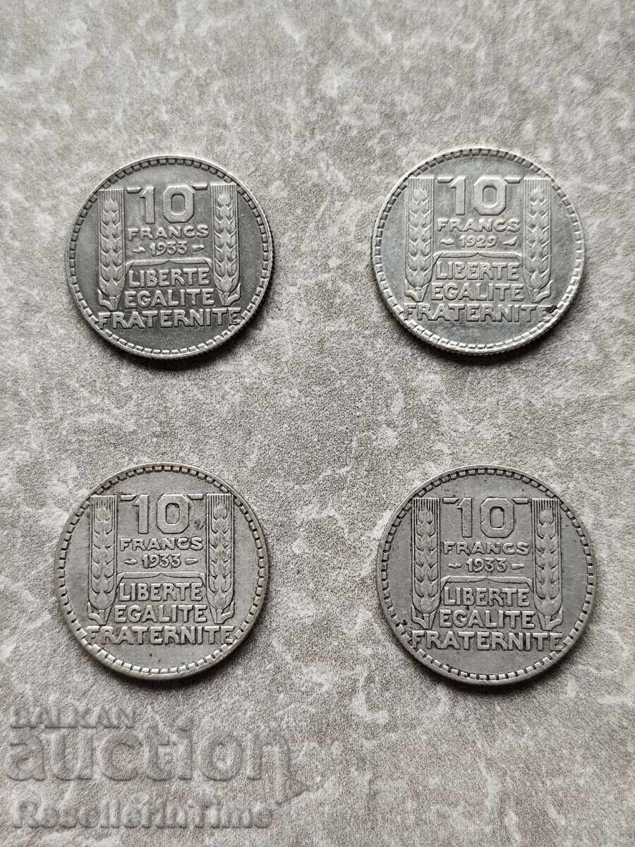 Лот от 4 броя сребърни монети 10 francs Лот от 4 броя сребърни монети 10 francs