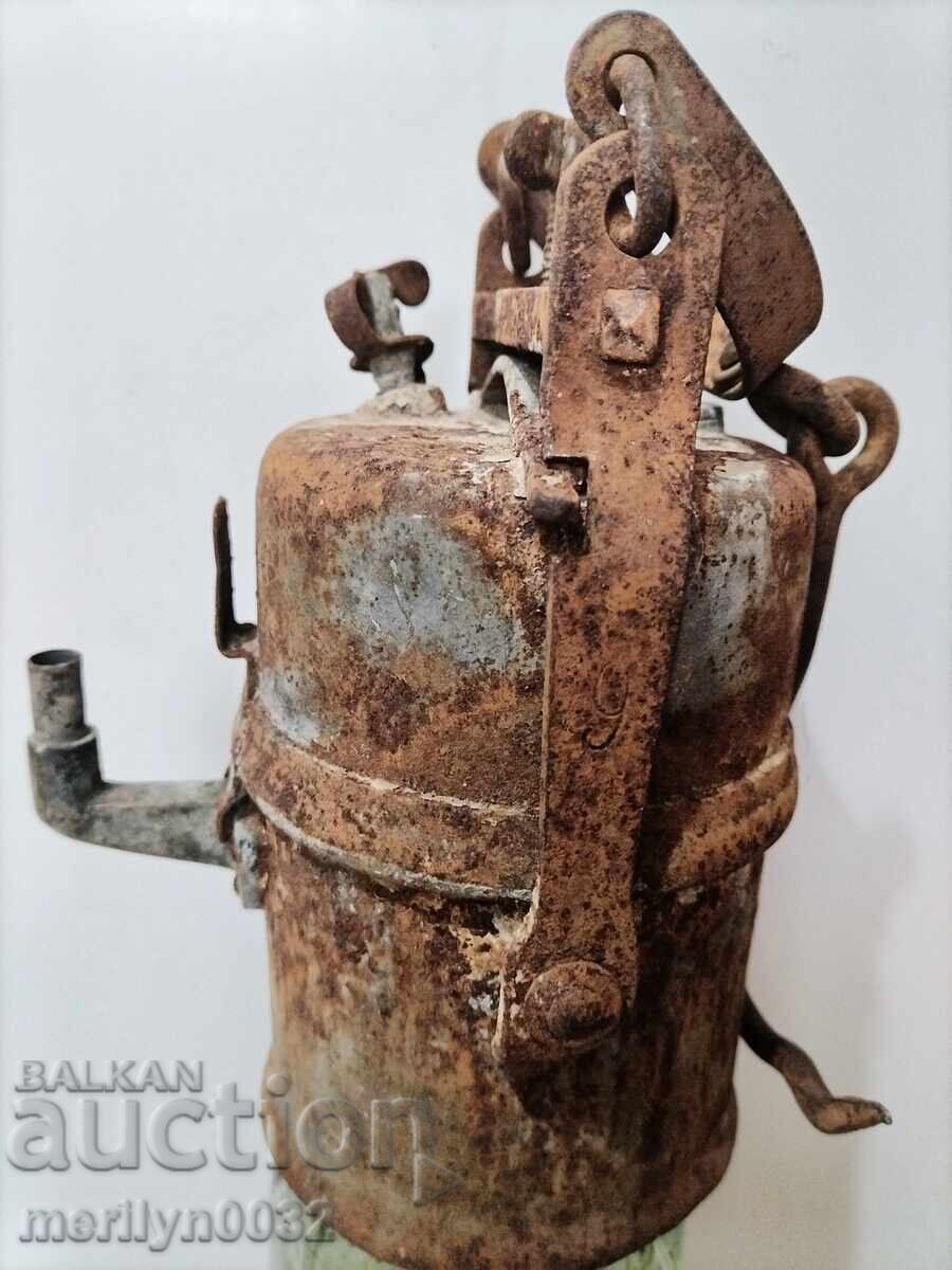 Lampă veche de minerit cu carbid, reflector, lanternă