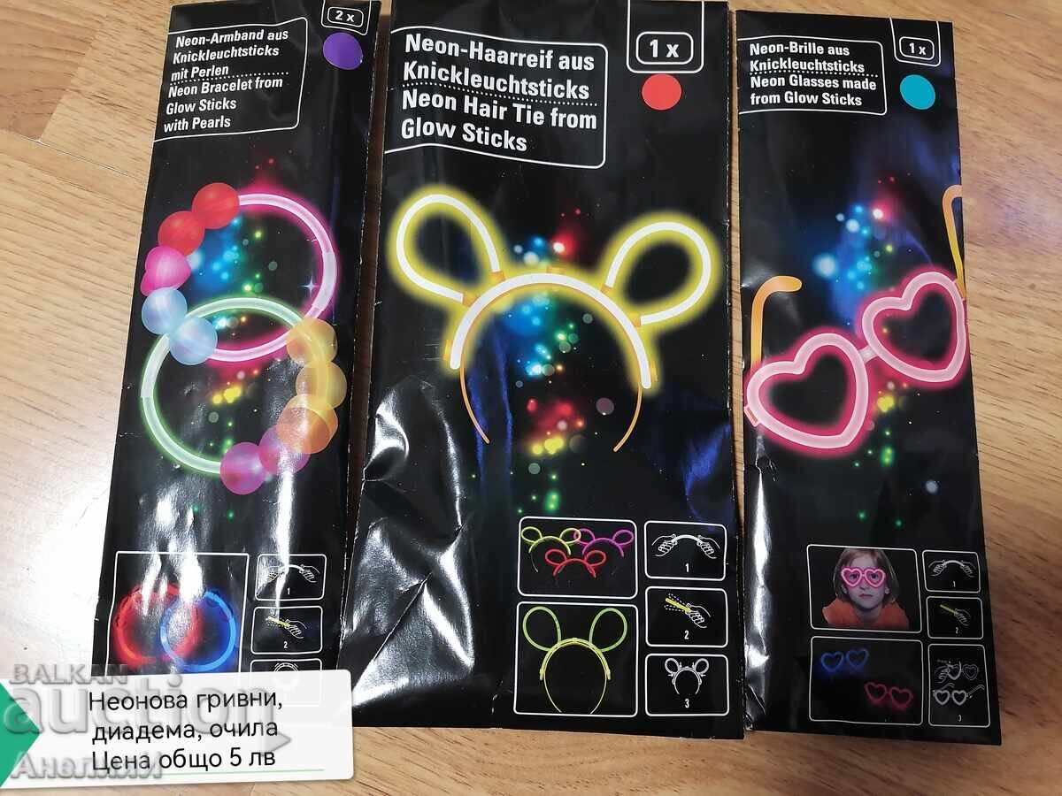 Neon bracelets, tiara, glasses. Price total 5 BGN