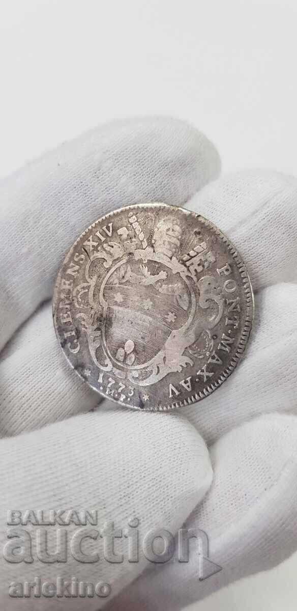 Δημοπρασία RRR Σπάνιο νόμισμα CLEMENT XIV 1773 Scudo 2 Lire PAPALI Δημοπρασία RRR Σπάνιο νόμισμα CLEMENT XIV 1773 Scudo 2 Lire PAPALI