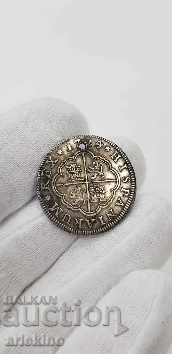 Аукцион Много рядка сребърна монета 2 реала 1724 г. Испания SEGOVIA Аукцион Много рядка сребърна монета 2 реала 1724 г. Испания SEGOVIA