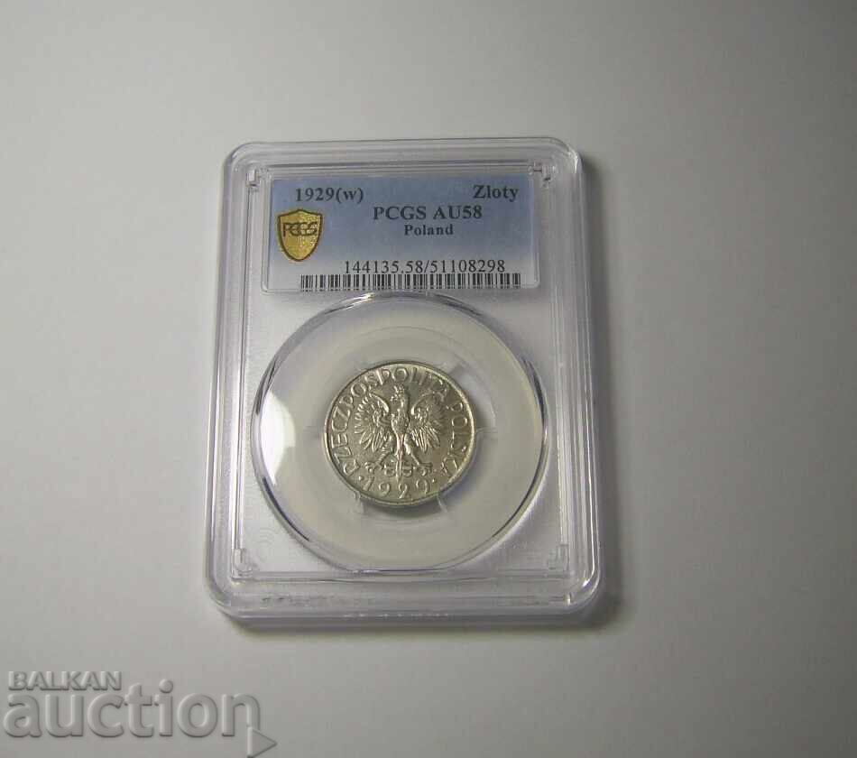 Poland 1 Zloty 1929 AU58 PCGS Excellent with price 200.00 BGN | € 102.26