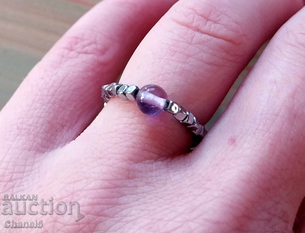 Аукцион НЕЖЕН ПРЪСТЕН С ЕСТЕСТВЕН АМЕТИСТ И СТОМАНА (950)