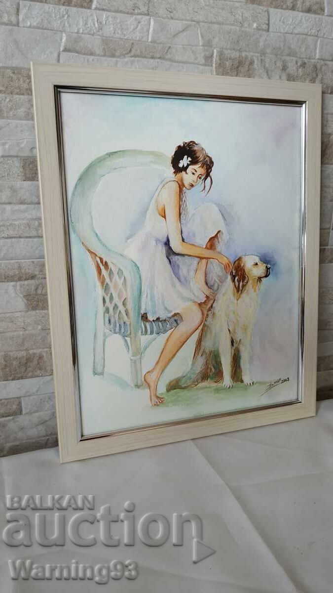 Painting "Girl with a Dog" - watercolor on cardboard - 41/33cm with price 110.00 BGN | € 56.24
