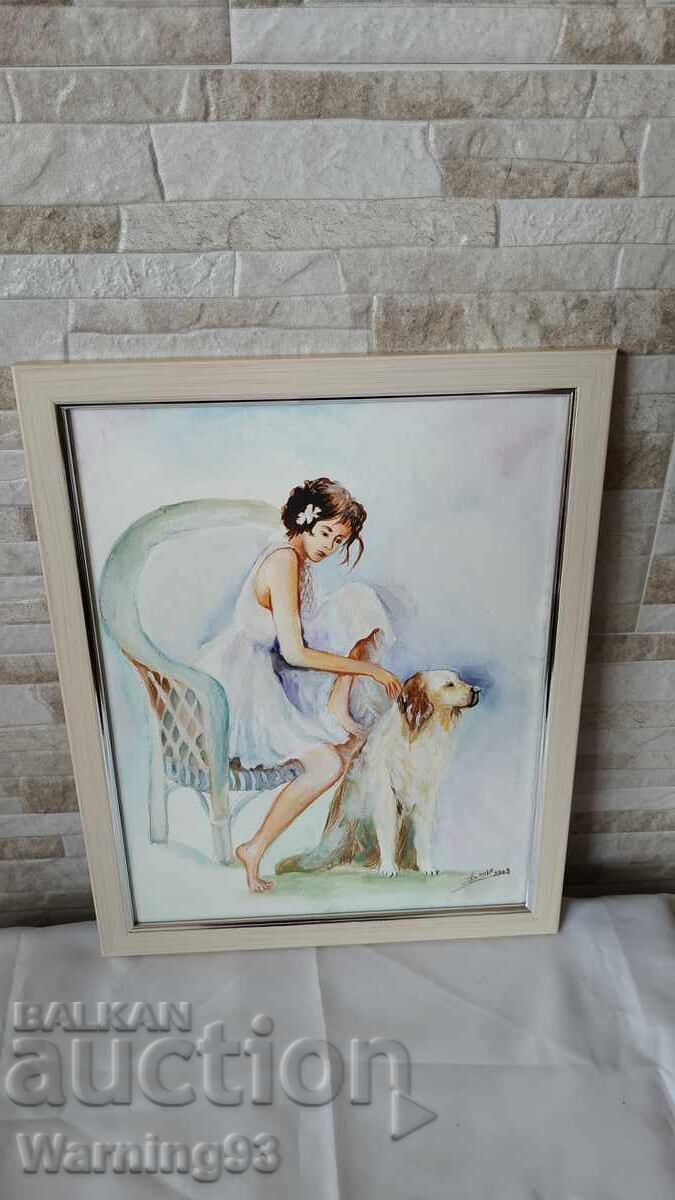 Tablou "Fată cu câine" - acuarelă pe carton - 41/33cm - 5