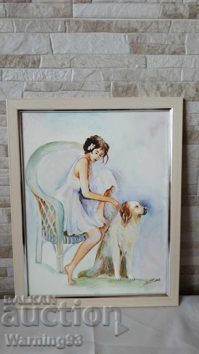 Painting "Girl with a Dog" - watercolor on cardboard - 41/33cm - 6