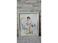 Картина "Момиче с куче" - акварел върху картон - 41/33см