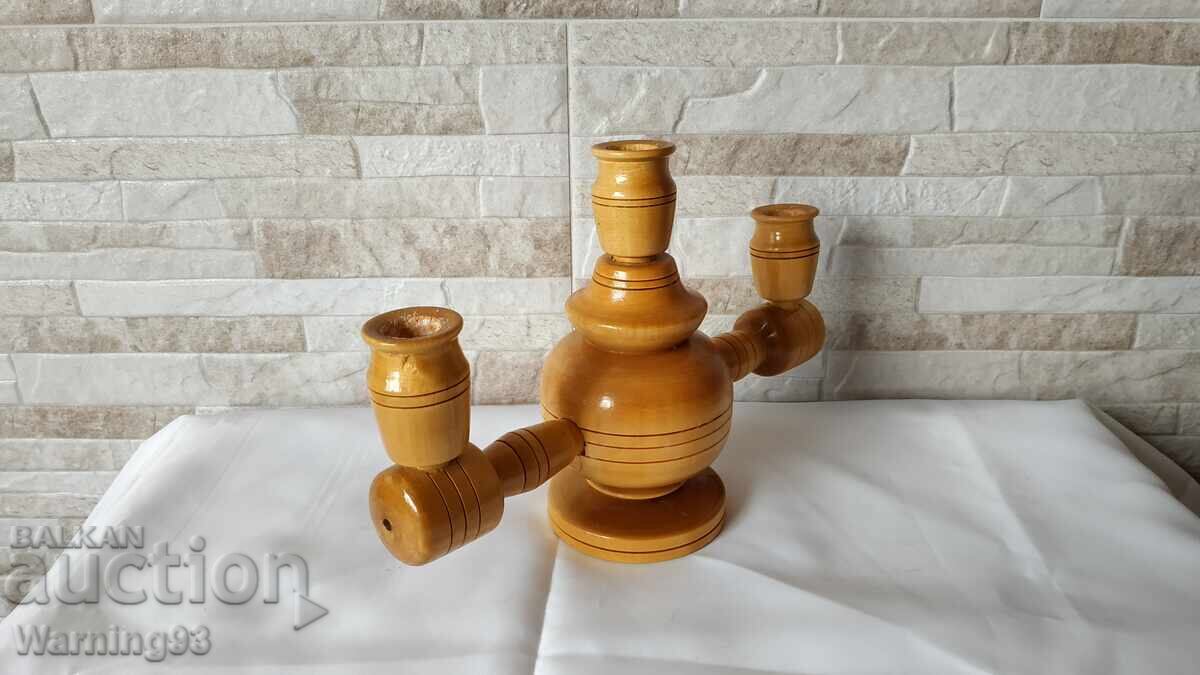 Auction Old triple wooden candlestick - Antique Auction Old triple wooden candlestick - Antique