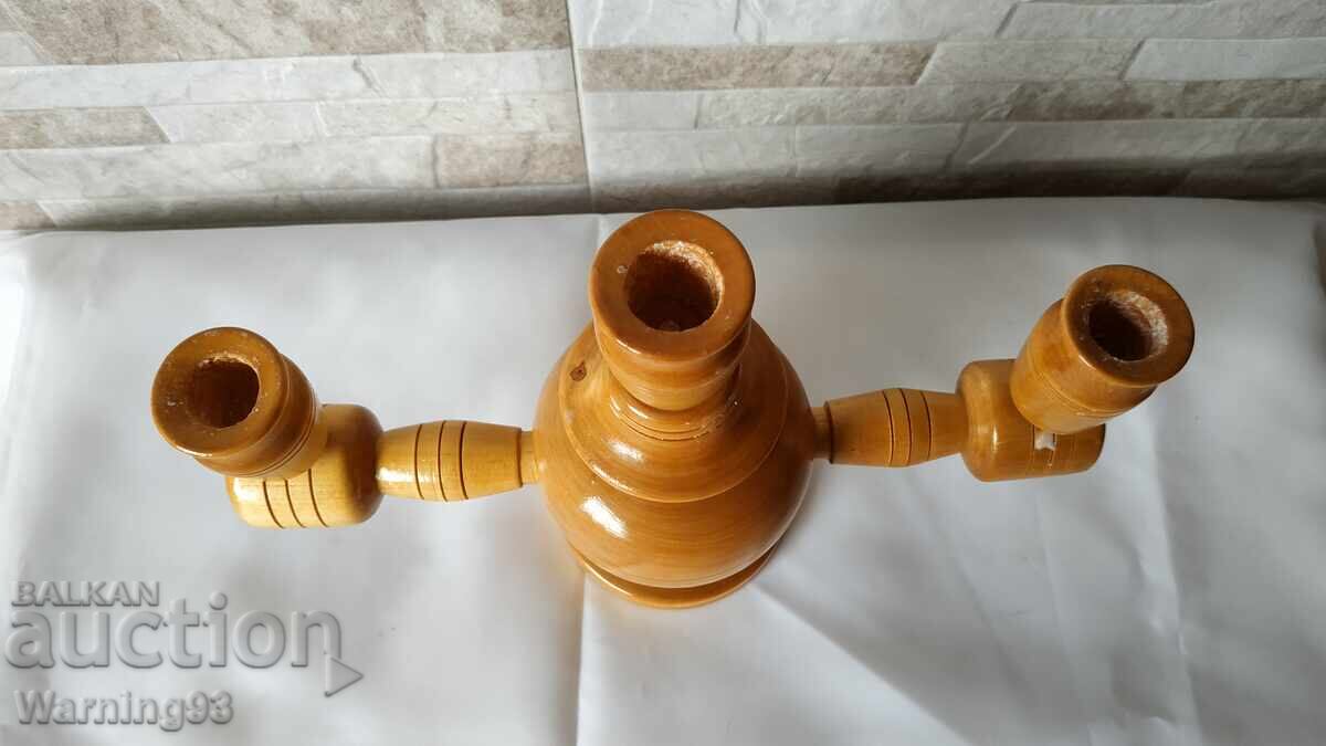 Old triple wooden candlestick - Antique - 5 Old triple wooden candlestick - Antique - 5