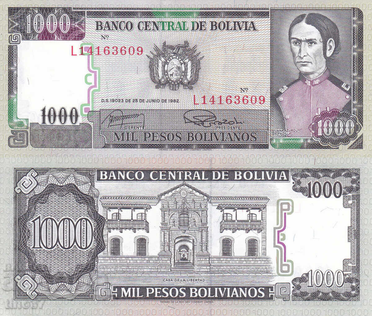tino37- BOLIVIA - 1000 PESOS BOLIVIANOS - 1982 - UNC