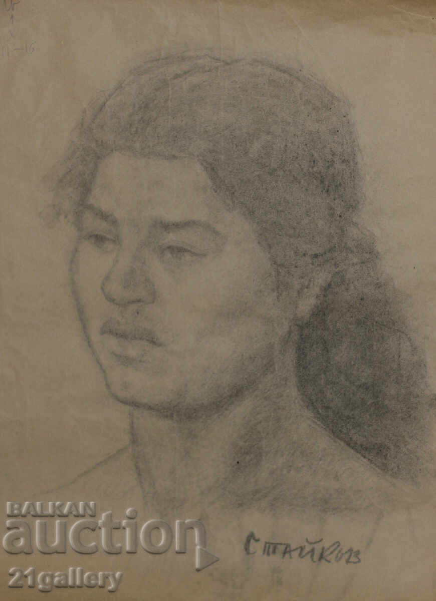 Desen în creion de Ljubomir Staykov, portret de femeie cu preț € 140.00 | 273.82 BGN