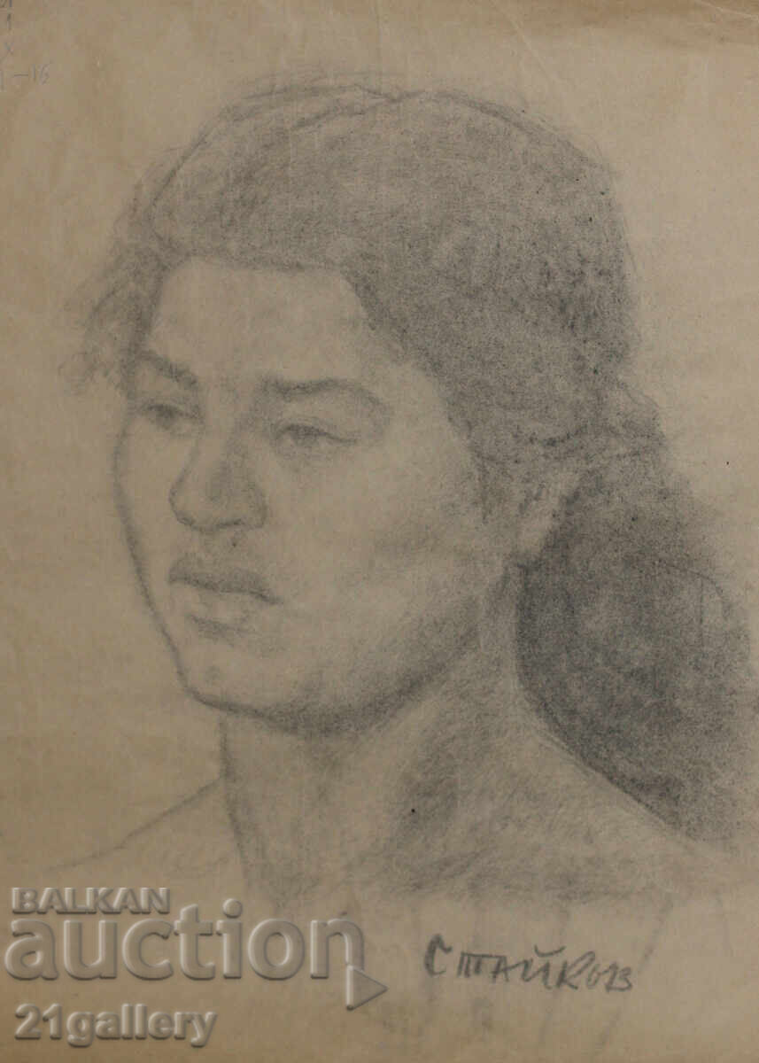 Desen în creion de Ljubomir Staykov, portret de femeie
