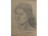 Old pencil drawing portrait of a woman, signed