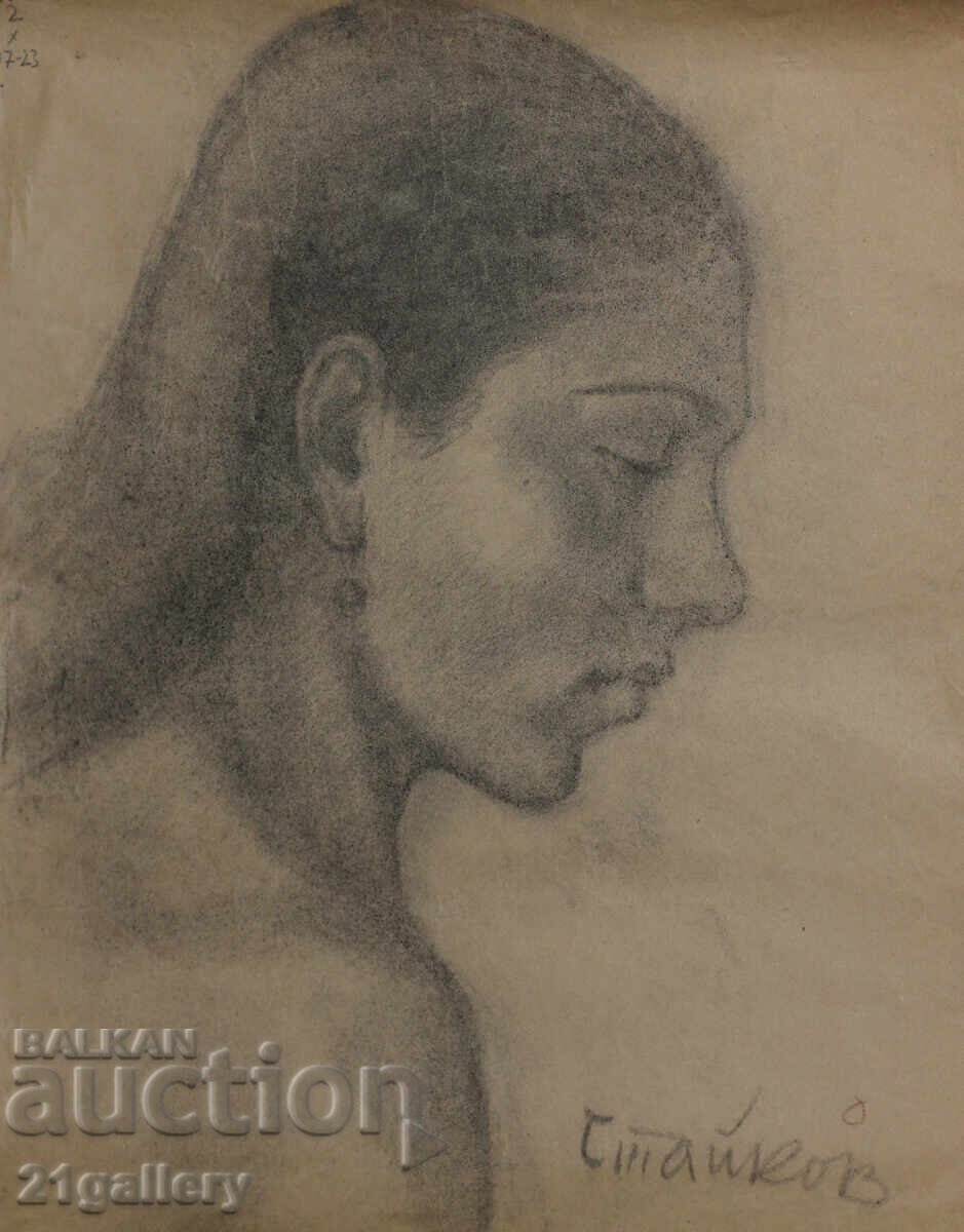 Desen în creion de Ljubomir Staykov, portret de femeie cu preț € 140.00 | 273.82 BGN