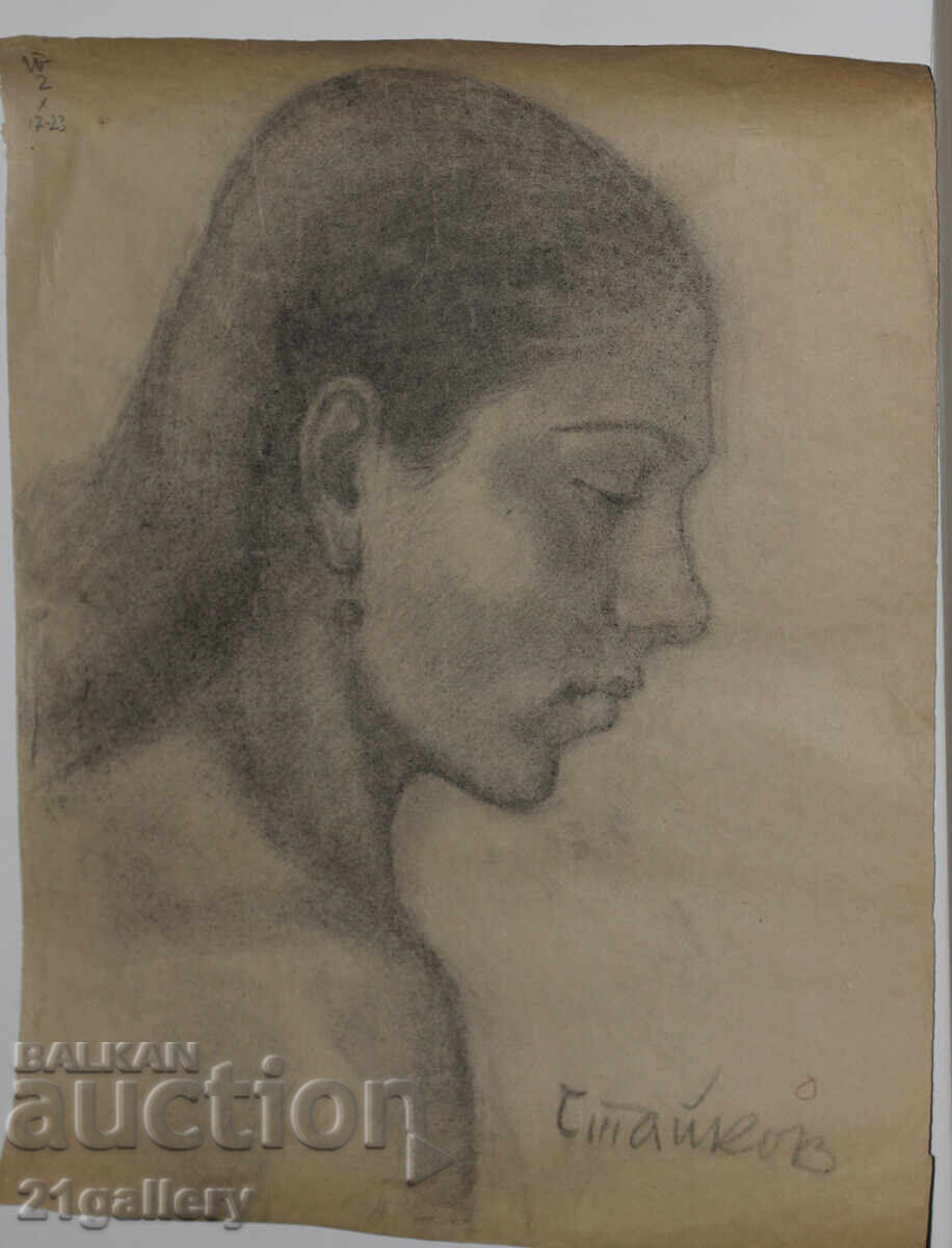 Auction  Old pencil drawing portrait of a woman, signed