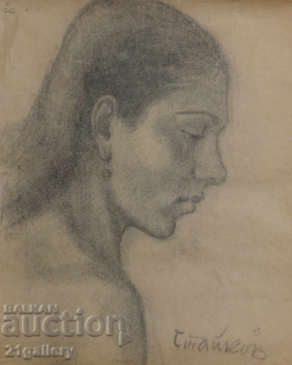 Old pencil drawing portrait of a woman, signed