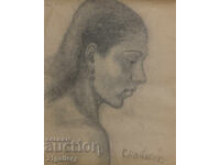 Old pencil drawing portrait of a woman, signed