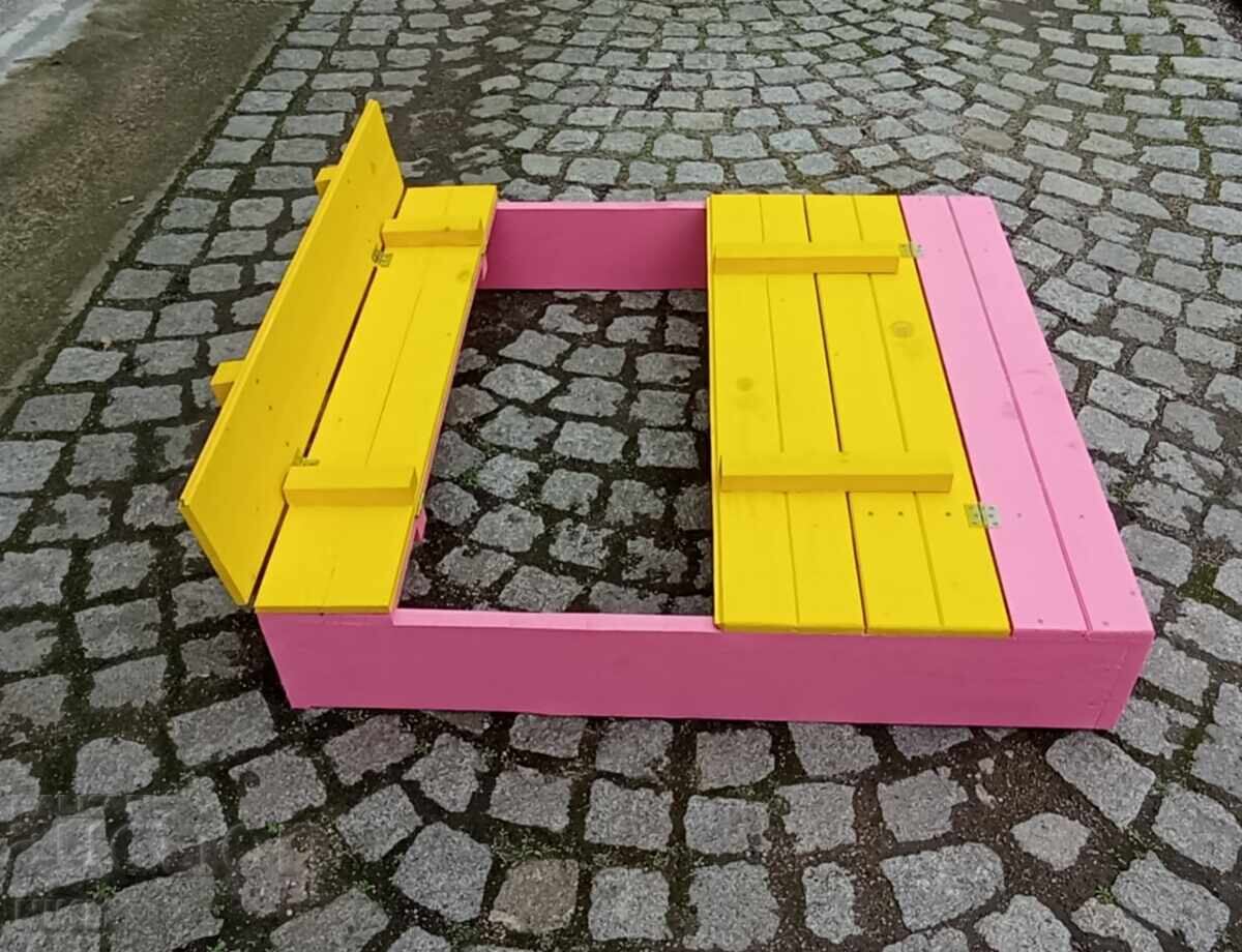 Children's sandbox for a girl in pink and yellow with folding benches with price 105.00 BGN | € 53.69 Children's sandbox for a girl in pink and yellow with folding benches with price 105.00 BGN | € 53.69