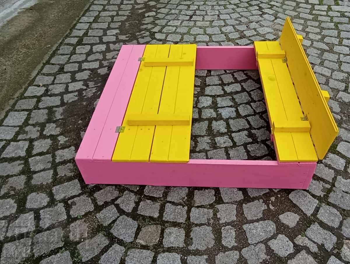 Auction Children's sandbox for a girl in pink and yellow with folding benches Auction Children's sandbox for a girl in pink and yellow with folding benches