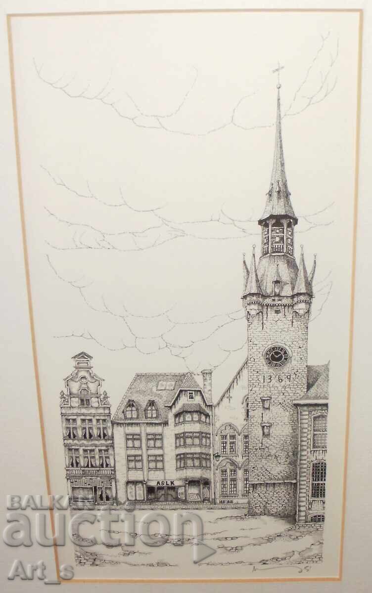 Нидерландска графика с камбанария и архитектура в рамка с цена 40.00 лв. | € 20.45