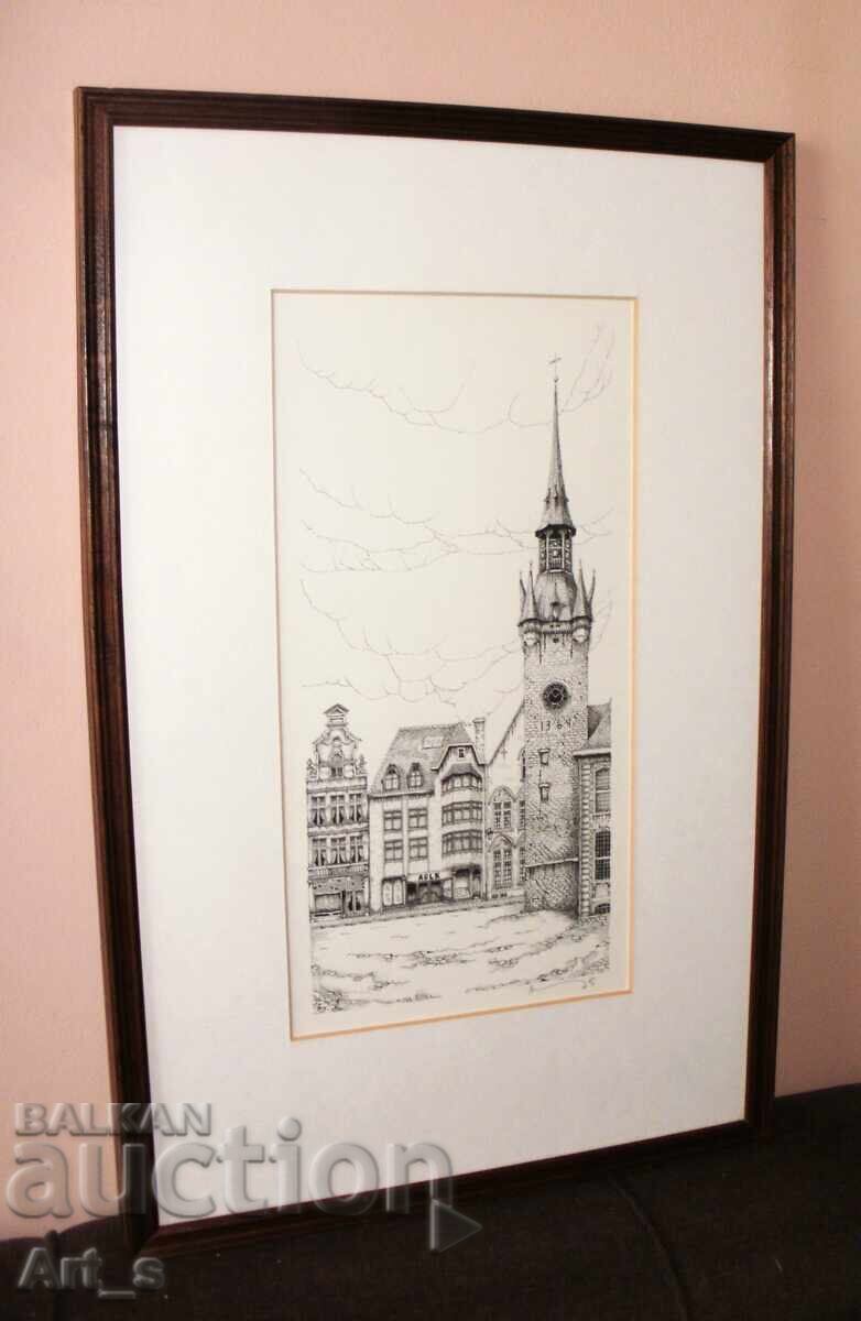 Аукцион Нидерландска графика с камбанария и архитектура в рамка