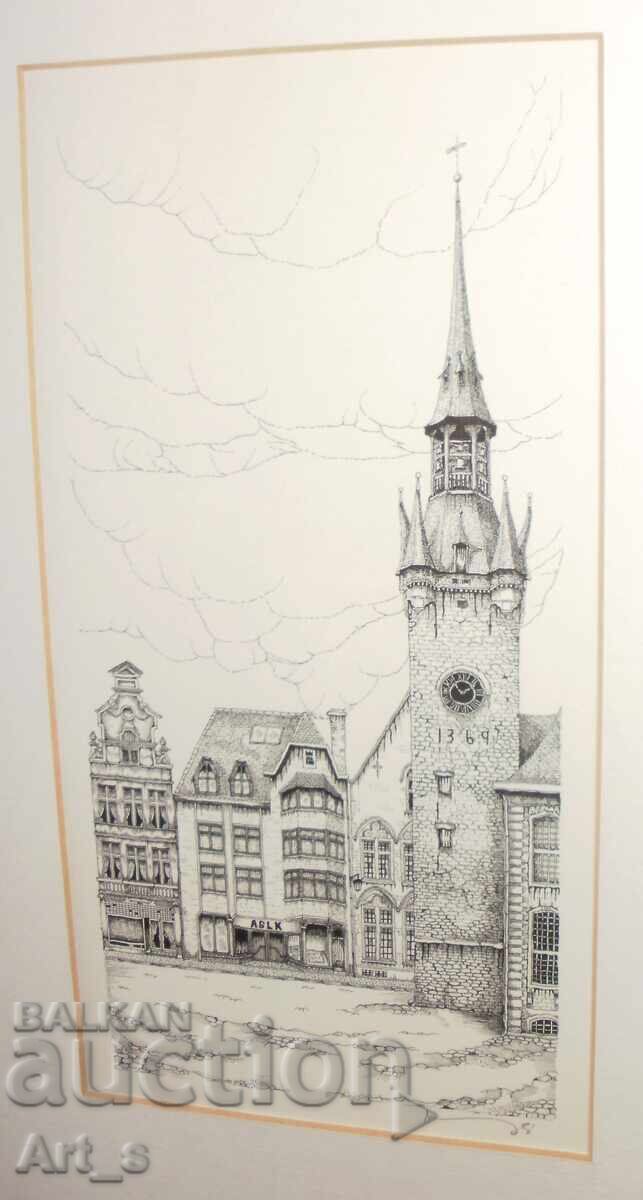 Нидерландска графика с камбанария и архитектура в рамка - 5