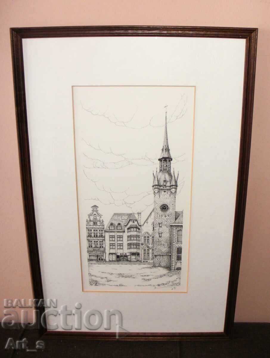 Grafică olandeză cu clopotniță și arhitectură în ramă - 6