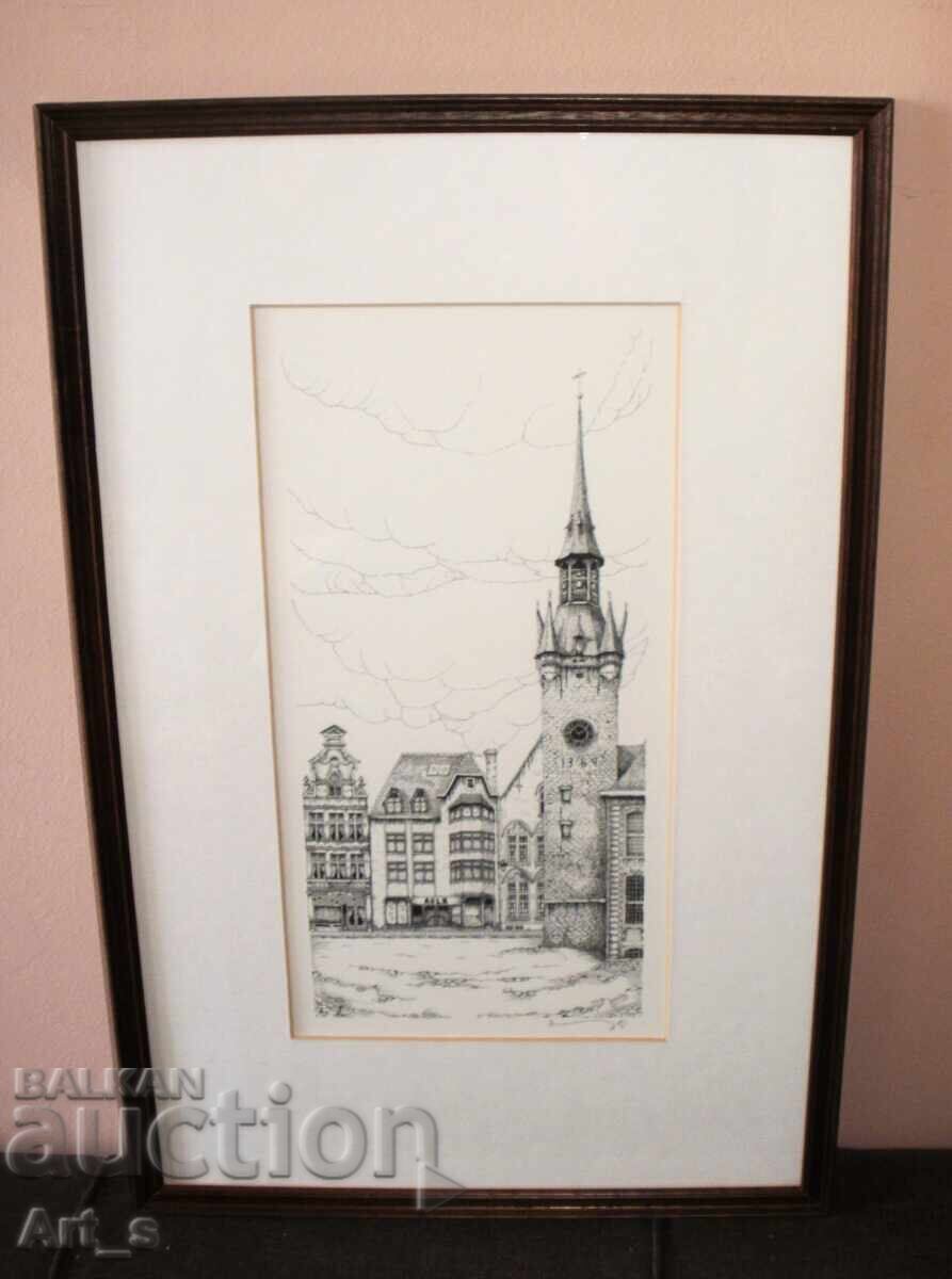 Нидерландска графика с камбанария и архитектура в рамка