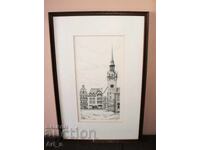 Ολλανδική γραφική απεικόνιση με καμπαναριό και αρχιτεκτονική σε κορνίζα