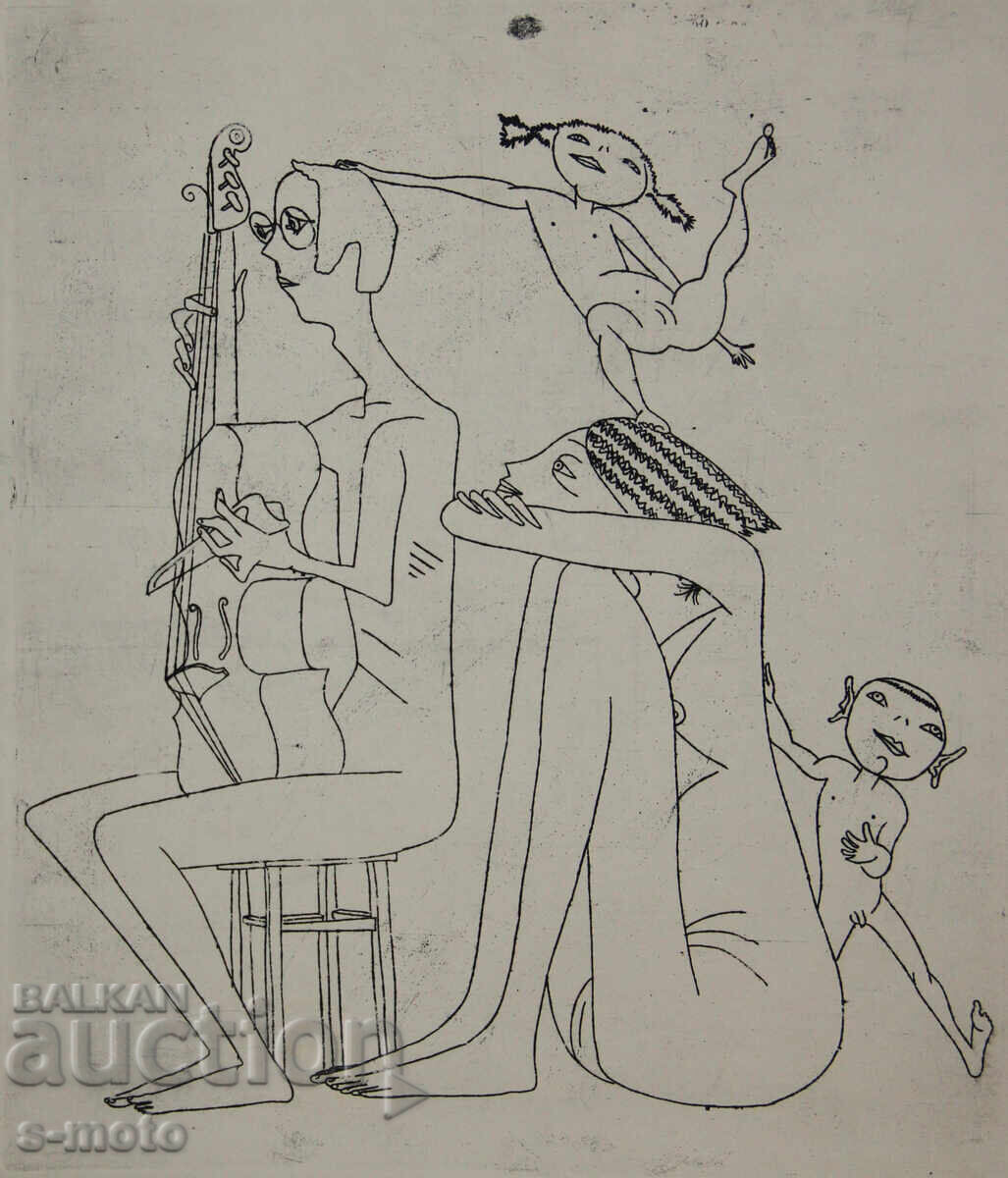 Grafică Ivan Gazdov, gravură în tehnica acului uscat, figuri cu preț 200.00 BGN | € 102.26