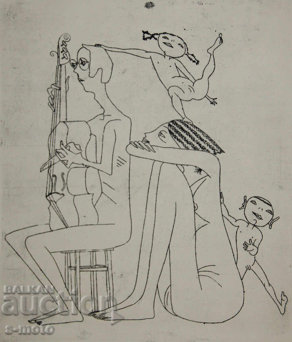 Grafică Ivan Gazdov, gravură în tehnica acului uscat, figuri