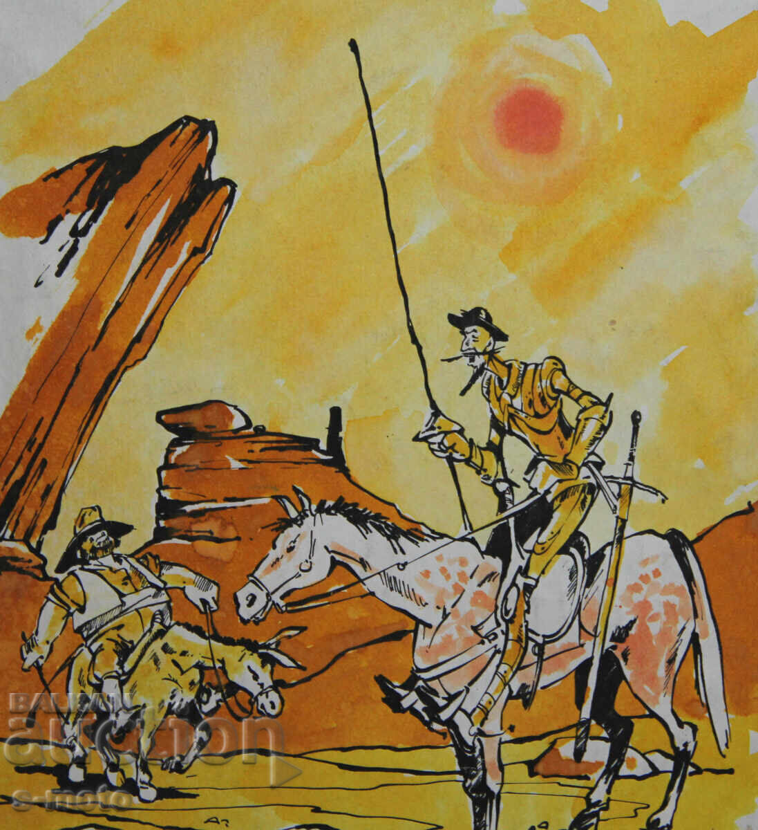 Доставка на Рисунка акварел/туш илюстрация Дон Кихот Доставка на Рисунка акварел/туш илюстрация Дон Кихот