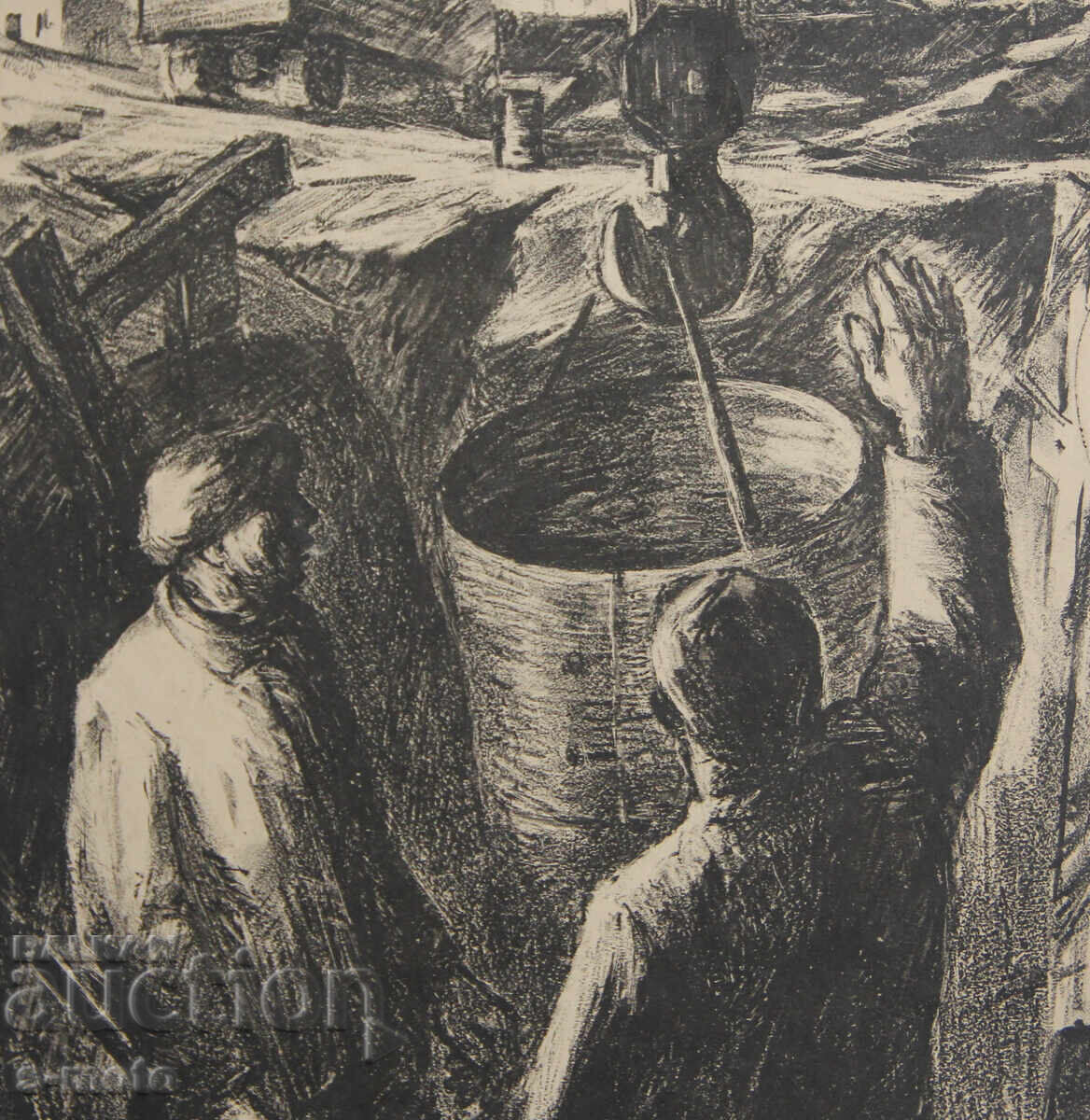 Γραφικά, μικτές τεχνικές, εργάτες σε εργοστάσιο - 6