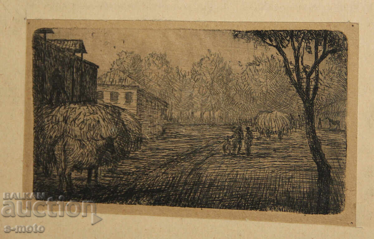 Стара графика, суха игла, пейзаж 1951г. с цена 200.00 лв. | € 102.26