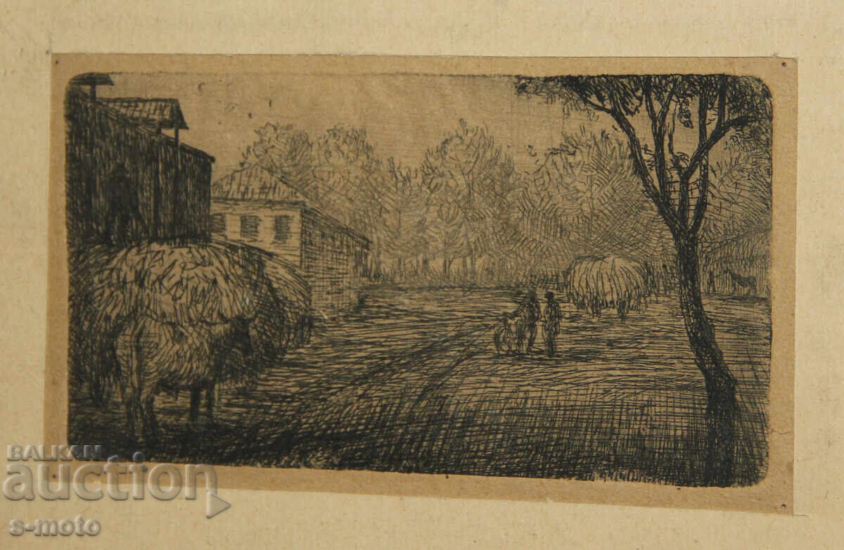 Доставка на Стара графика, суха игла, пейзаж 1951г.