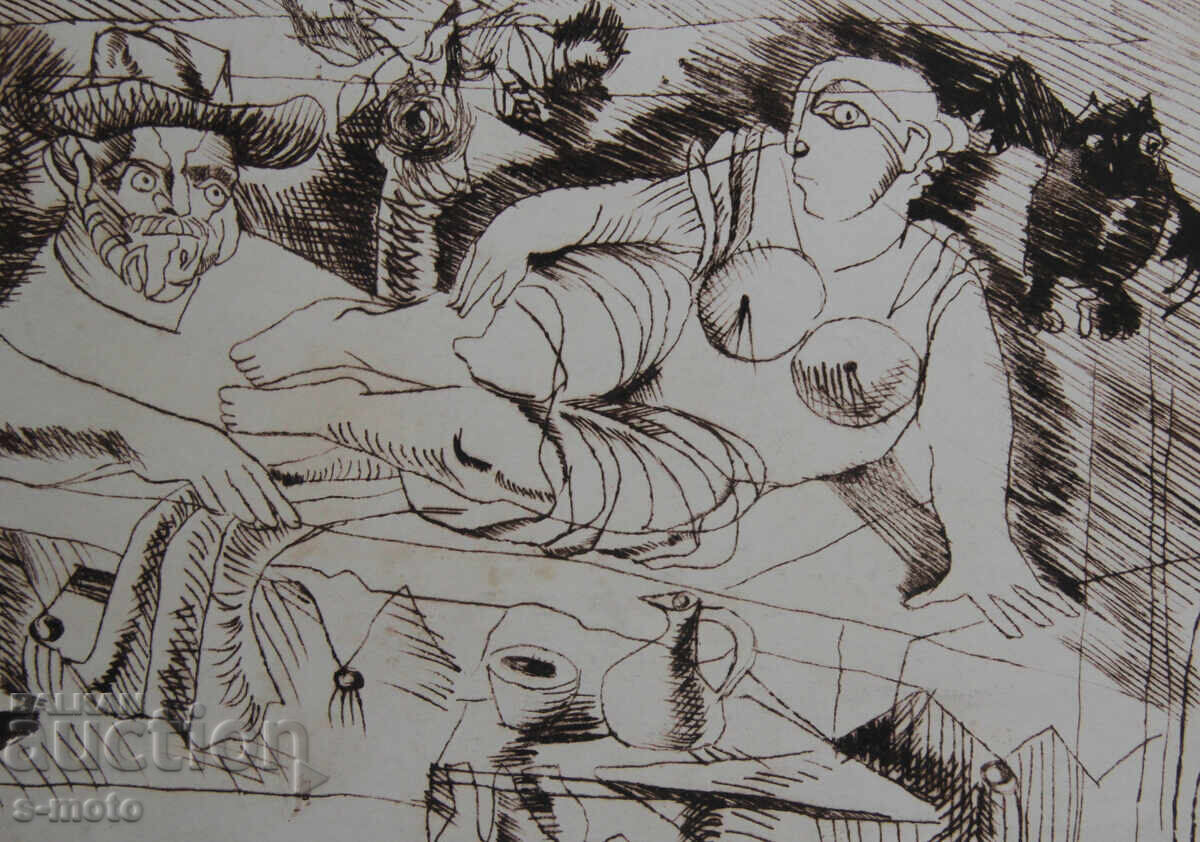 Графика , фигурална композиция суха игла голо тяло - 7