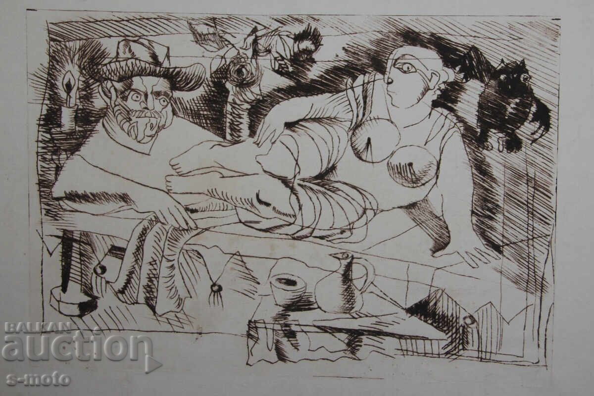 Графика , фигурална композиция суха игла голо тяло