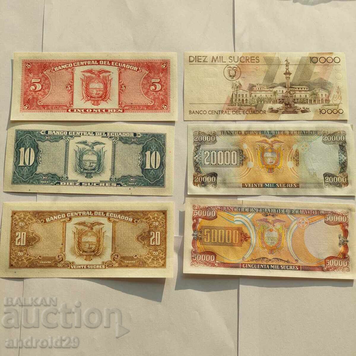 Лот Банкноти от Еквадор / Ecuador / Сукре / UNC - 6 БРОЯ с цена 56.00 лв. | € 28.63 Лот Банкноти от Еквадор / Ecuador / Сукре / UNC - 6 БРОЯ с цена 56.00 лв. | € 28.63