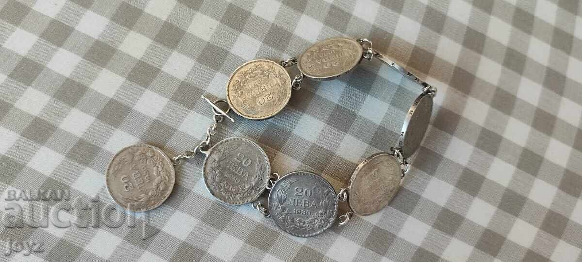 OLD SILVER BRACELET (33.66 g) of 8 COINS 20 leva 1930 with price 69.99 BGN | € 35.79 OLD SILVER BRACELET (33.66 g) of 8 COINS 20 leva 1930 with price 69.99 BGN | € 35.79