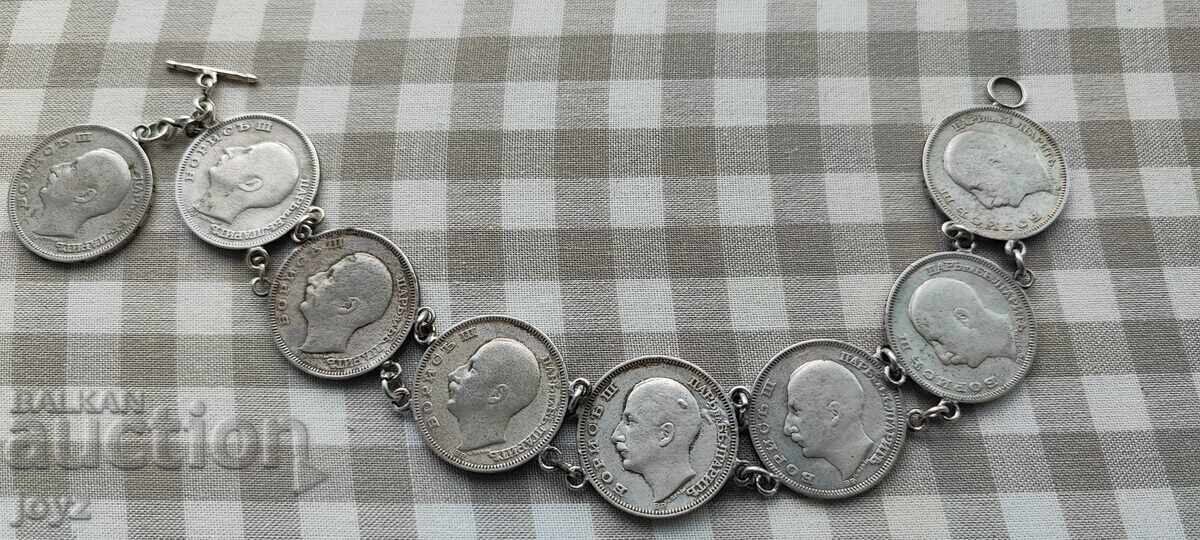 OLD SILVER BRACELET (33.66 g) of 8 COINS 20 leva 1930 OLD SILVER BRACELET (33.66 g) of 8 COINS 20 leva 1930
